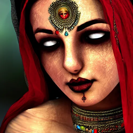 Image similar to beautiful Hindu lady of the dark with veil, cover with blood, horror terrifying, soft light, realistic, photorealistic, ultra detailed, high definition, irwin penn, full HD, 8k!