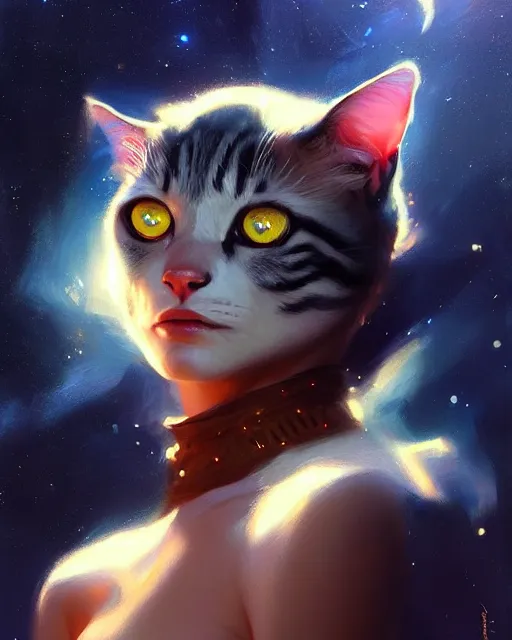 Image similar to a potrait of a space fanstasy cat, fine details. night setting. realistic shaded lighting poster by ilya kuvshinov katsuhiro, artgerm, jeremy lipkin and michael garmash, unreal engine, radiant light, detailed and intricate environment, digital art, trending on art station