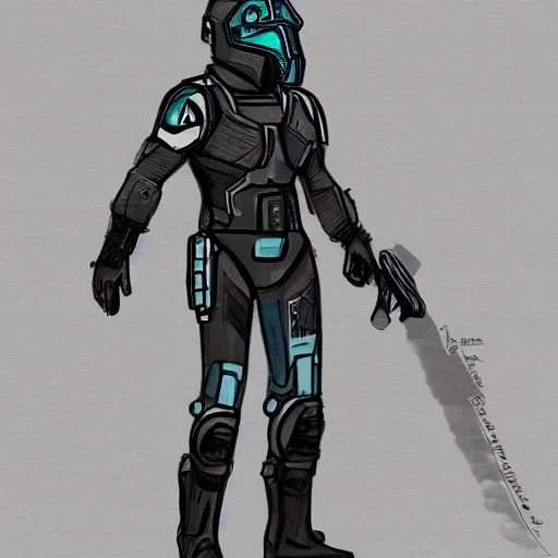 Prompt: futuristic sci fi bounty hunter full body concept sketch