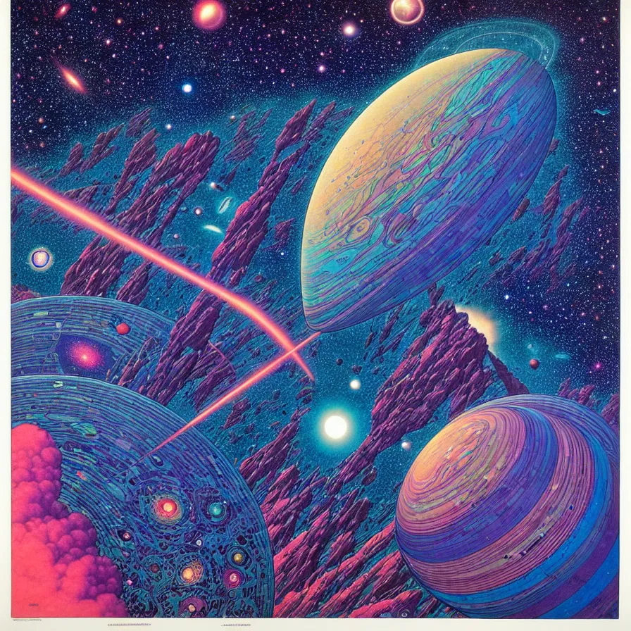 Image similar to ( ( ( ( beautiful edge of the galaxy ) ) ) ) by mœbius!!!!!!!!!!!!!!!!!!!!!!!!!!!, overdetailed art, colorful, artistic record jacket design