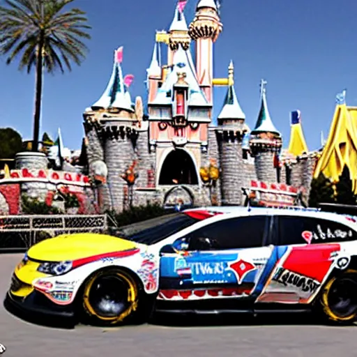 Prompt: sebastien loeb driving in disneyland