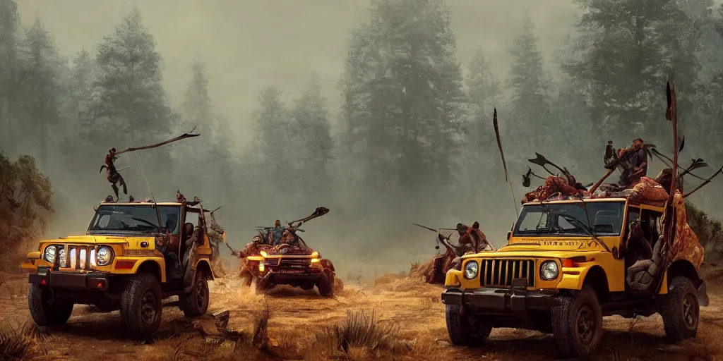 Prompt: Mahindra thar, tribe members attacking, action scene, an epic fantasy, dramatic lighting, cinematic, establishing shot, extremely high detail, photorealistic, cinematic lighting, artstation, by simon stalenhag, horizon forbidden west