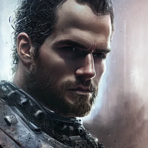 Prompt: henry cavill portrait, dystopia core, apocalyptic, armor, warrior, dramatic, sharp focus, fiction, neon, fantasy, hyper detailed, digital art, trending in artstation, cinematic lighting, studio quality, smooth render, unreal engine 5 rendered, octane rendered, art style and nixeu and wlop and krenz cushart