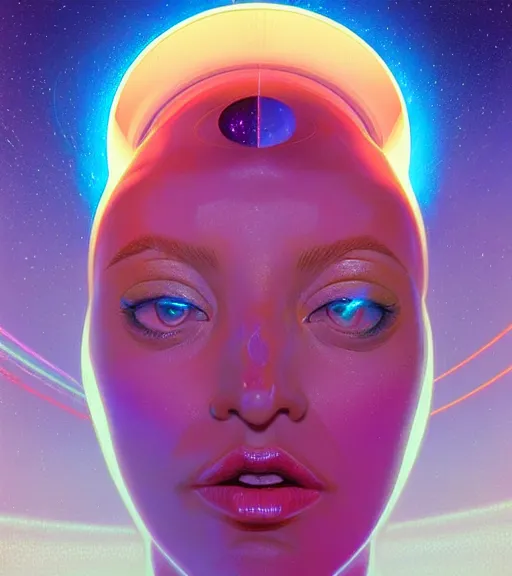 Image similar to a golden woman 2/3 portrait, in space, head breaking apart and spiraling geometry into the sky upwards into the heavens, 3 point perspective, lazer light beaming down to top of her head, by james jean, by syd mead artgerm, featured in artstation,, elegant, Moebius, Greg rutkowski, futurism