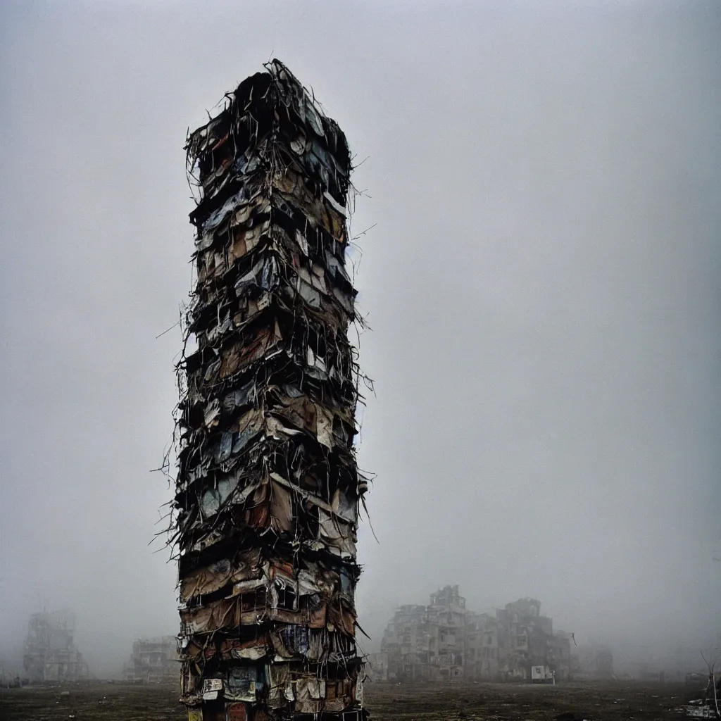 Image similar to close - up view of a tower made up of makeshift squatter shacks with faded colours, moody cloudy sky, uneven fog, dystopia, mamiya, fully frontal view, very detailed, photographed by bruno barbey