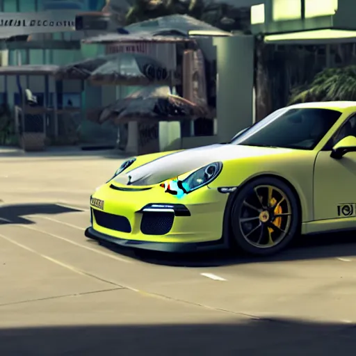 Image similar to porsche gt 3 in hawaii city, cinematic, 8 k, unreal engine 5