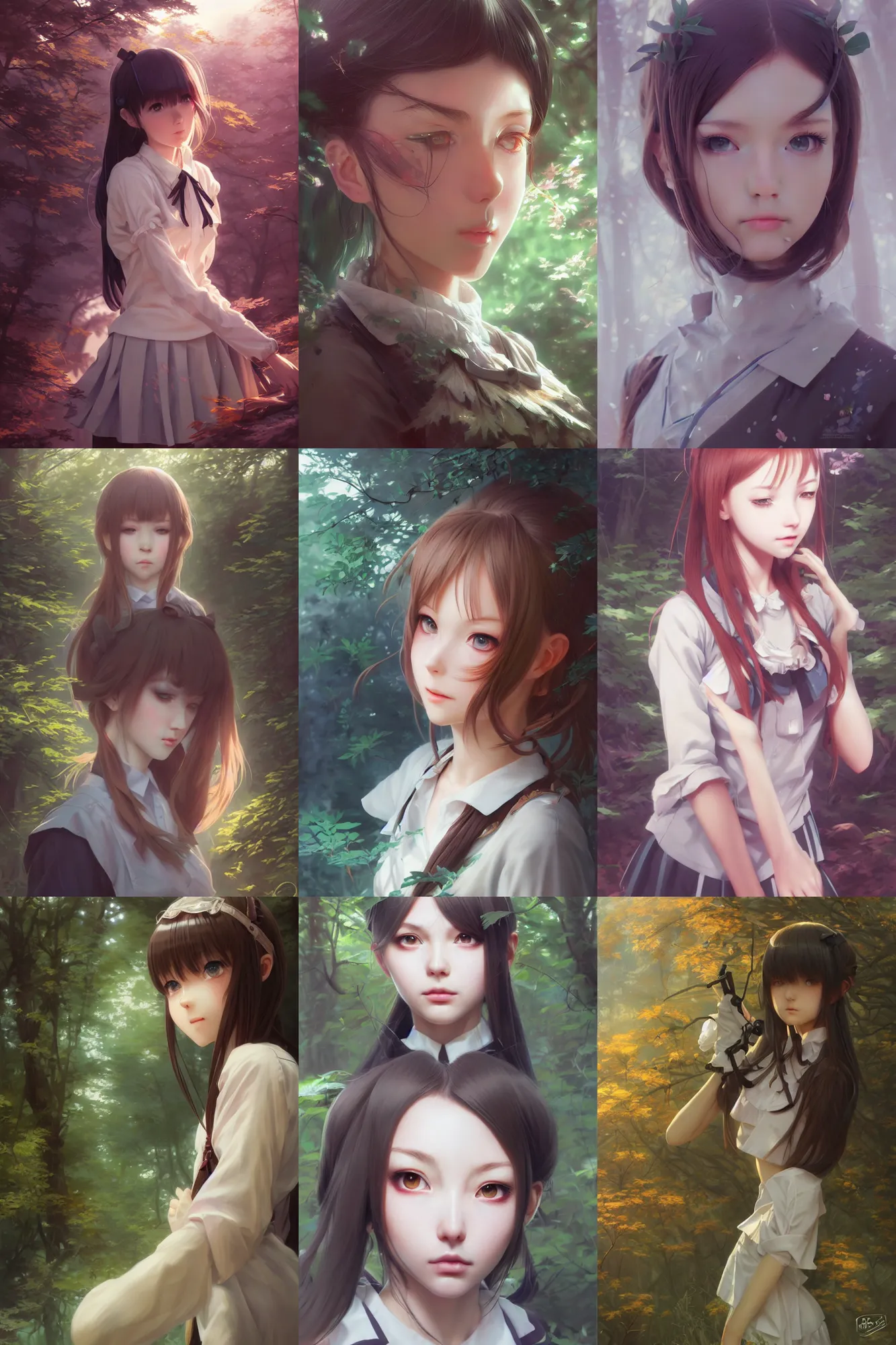 Prompt: ultra realistic beautiful forest clearing techno art, beautiful alluring anime school girl, sci - fi, fantasy, intricate, elegant, highly detailed, digital painting, artstation, concept art, smooth, sharp focus, illustration, art by artgerm and greg rutkowski and krenz cushart and tian zi and ilya kuvshinov, and wlop