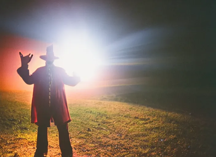 Image similar to a very good looking detailed sorcerer summons a blast of magic energy from their hand, on an empty moonlit hill, dramatic lighting, lens flare, 3 5 mm full frame professional photography, kodak ektar