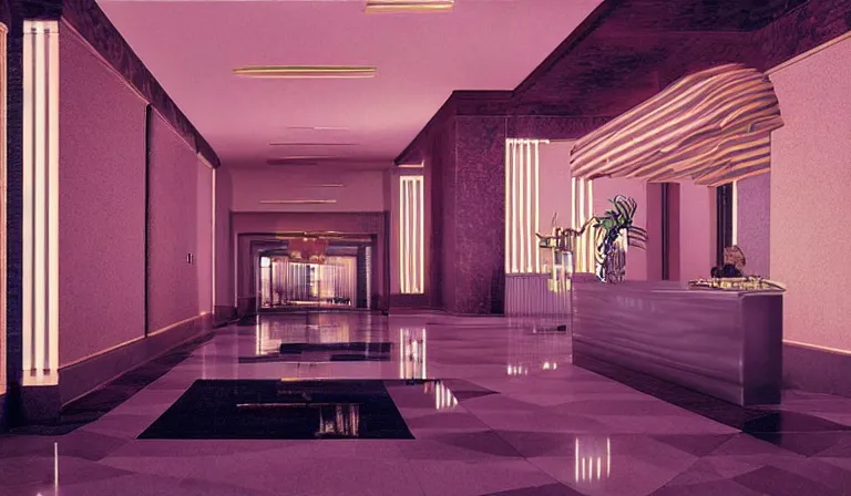 Image similar to a beautiful, sharp focus, clean lines. the interior of a vast 1 9 7 0 s luxury hotel lobby. leopard print. vaporwave ombre rendering. outrun style. trending on artstation. recommended for you behance. wes anderson colors. by chris moore. by edward hopper. ambient occlusion. digital matte painting. metropolis filmic. gotham city.