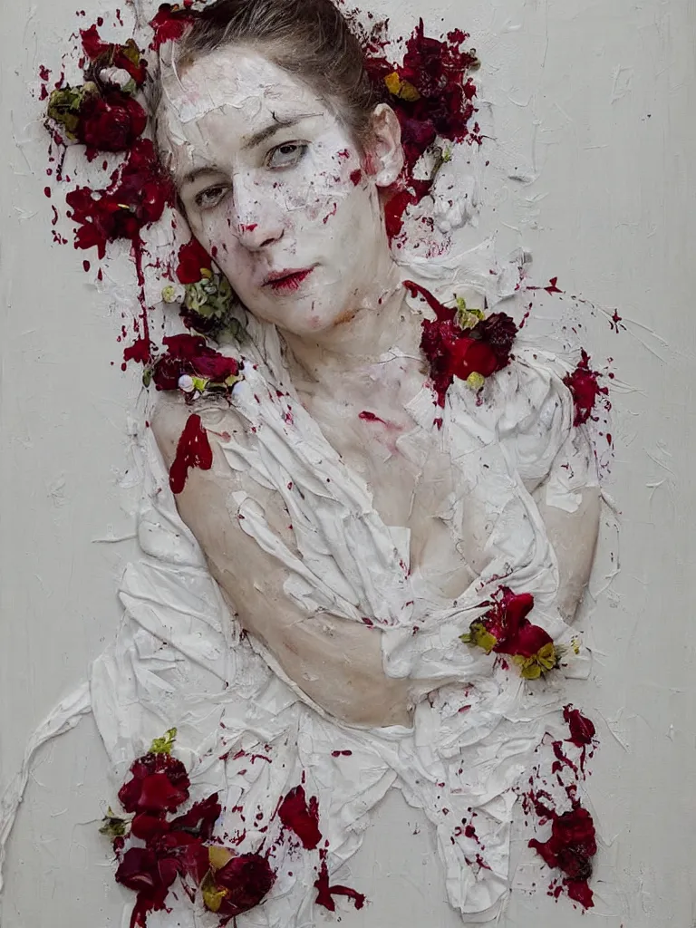 Prompt: “art in an Australian artist’s apartment, portrait of a woman draped in loose-fitting white cotton cloth, stained with fresh berries and maple syrup, white wax, edible flowers, acrylic and spray paint and oilstick on canvas”