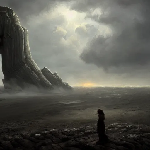 Image similar to giant colossus by grzegorz rutkowski and richard wright, atmospheric haze, stormy, tundra, princess in foreground, large scale