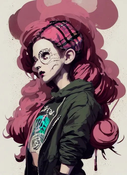 Image similar to highly detailed portrait of a sewer punk lady, tartan hoody, blonde ringlet hair by atey ghailan, by greg rutkowski, by greg tocchini, by james gilleard, by joe fenton, by kaethe butcher, gradient magenta, black, blonde cream and white color scheme, grunge aesthetic!!! ( ( graffiti tag wall background ) )