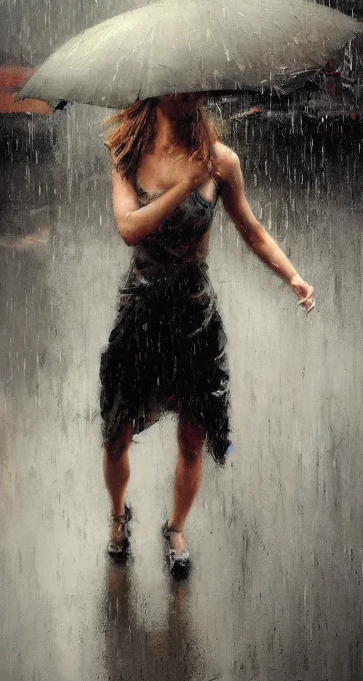 Prompt: painting of a beautiful girl, dancing in the rain, by Jeremy Mann and Jason Jenicke, highly detailed, stylized, loose brush strokes, intricate, realistic, exaggerated lighting, dramatic lighting, sense of scale, sense of movement, sensual