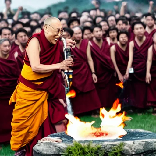 Prompt: dalai lama aggressively firing a flamethrower into the air