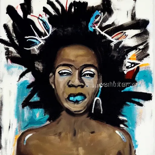 Prompt: A pretty attractive black woman with devil horns wearing a silver mini dress standing on the ocean, ,full body, pitchfork, creative background, abstract jean-Michel Basquiat oil painting with thick paint strokes, oil on canvas, intricately!!! detailed!!!