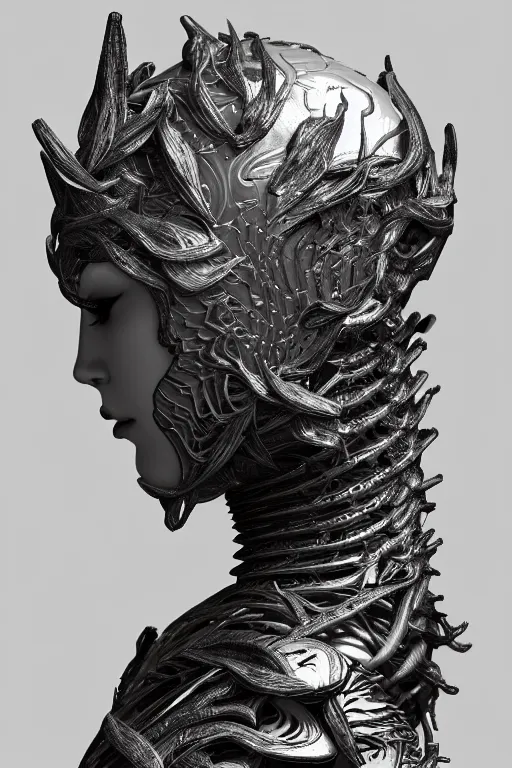 Image similar to bw close - up profile face, black background, beautiful young porcelain vegetal - dragon - cyborg - female, 1 5 0 mm, beautiful natural soft rim light, silver gold details, magnolia leaves and stems, roots, mandelbot fractal, elegant, ultra detailed, white metallic armour, octane render, h. r. giger style