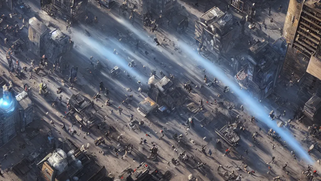 Prompt: low angle shot of a horde of people in a post-apocalyptic city, rich contrast, spaceships with blue contrails in background, by Paul Chadeisson, hyperrealistic, Cryengine 8k UHD