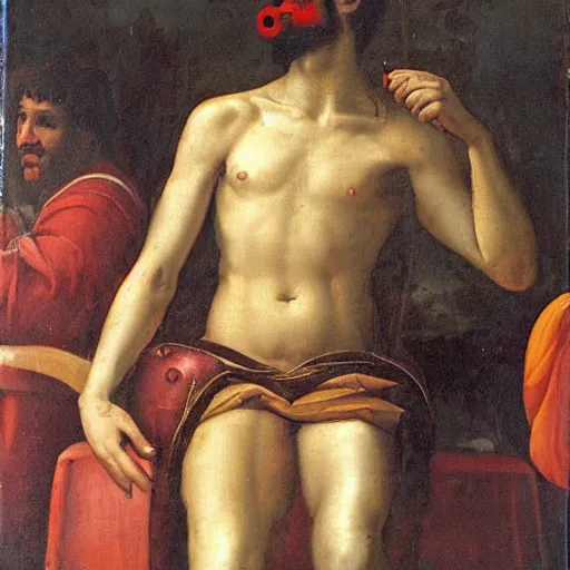 Image similar to renaissance painting of greek god eros who is a clown, has hurt his knee, sitting in a chair and is watching the game on tv, beer in hand