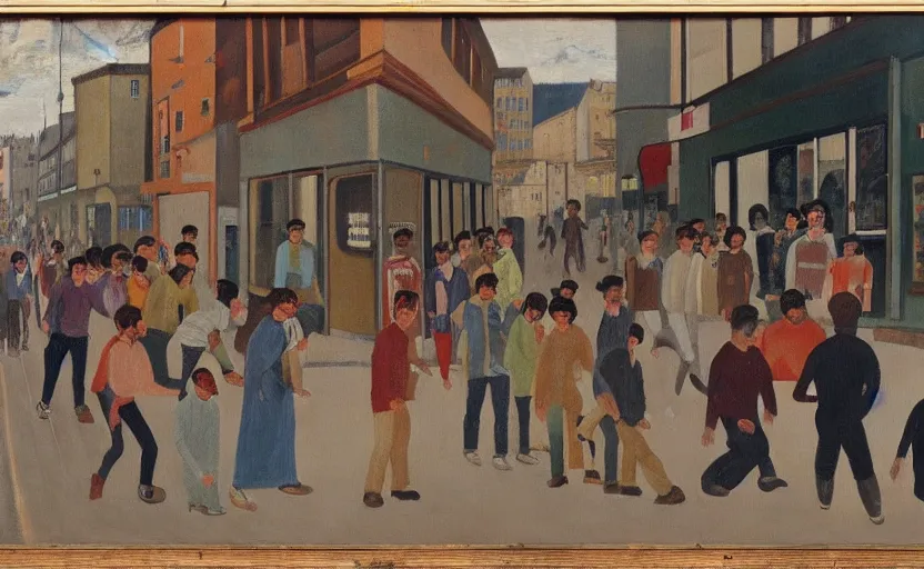 Image similar to ernst ludwig painting of a frightened young man in a street surrounded by people who have no eyes. people are starting at crt televisions on the corner s 1 5 0