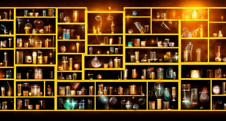 Prompt: a shelf of wonderful magical experiments, cinematic lighting, detailed, beautiful colors, ornate 4 k