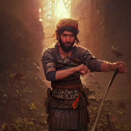 Prompt: Hyper realistic detailed portrait of !!!!!!Kurdish samurai, Stephen Bliss, unreal engine, fantasy art by Greg Rutkowski, Loish, Rhads, ferdinand knab, Makoto Shinkai and Lois van baarle, ilya kuvshinov, rossdraws, Tom Bagshaw, alphonse mucha, global illumination, radiant light, detailed and intricate environment, highly detailed, award winning art