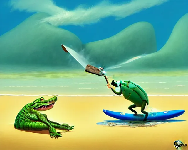 Image similar to a crocodile surfing at the beach, funny cartoonish, by gediminas pranckevicius h 7 0 4
