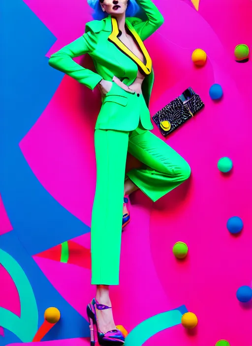 Image similar to bright trouser suit for a rave, bright colors, many details, prints, photo for a magazine, photo for a store, fashion photography, Vogue, 135 mm, cinematic, hyper realism, high detail, 8k, Two models in the frame, dynamic pose,Smooth skin, perfect face