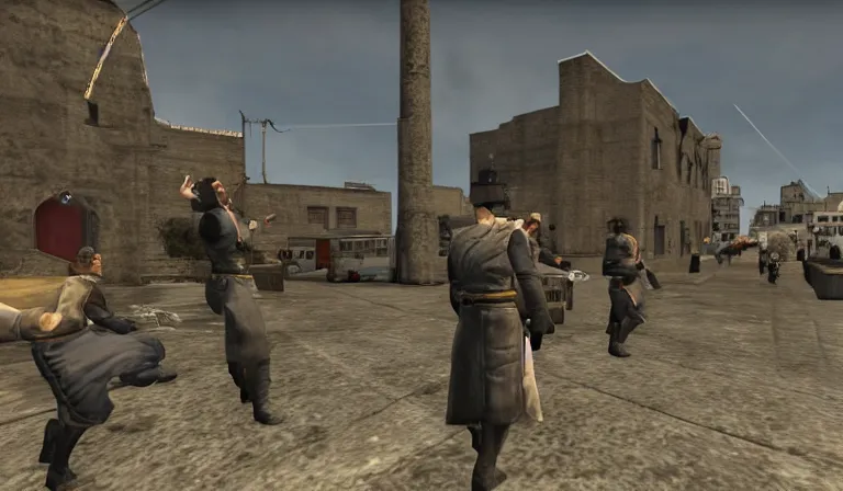 Image similar to The Seinfeld cast in a sci-fi mod for Mount and Blade Warband, 3rd person, gameplay screenshot