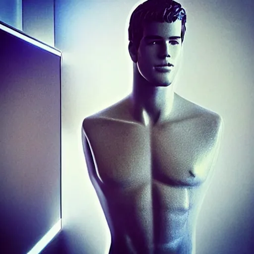 Prompt: “ a realistic detailed photo of a guy who is an attractive humanoid who is half robot and half humanoid, who is a male android, actor liam hemsworth, shiny skin, posing like a statue, blank stare, at the museum, on display ”