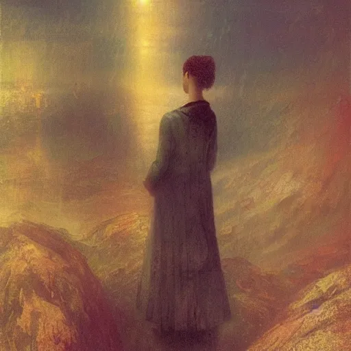 Image similar to a young woman in cyberspace, photoreal, atmospheric, by william turner, beksinski, caspar david friedrich, oil painting, romantism, realism, limited palette