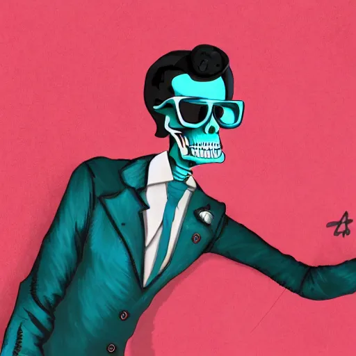 Prompt: a skeleton in sunglasses and an elegant suit dancing, digital art, teal and red color palette, gray dungeon background, very realistic, artstation, by amadeo modigliani