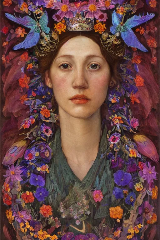 Image similar to queen of flowers, by Annie Swynnerton, and Tino Rodriguez and Nicholas Roerich, elaborate headdress and embroidered velvet, iridescent beetles, rich color, dramatic cinematic lighting, extremely detailed, featured on artstation