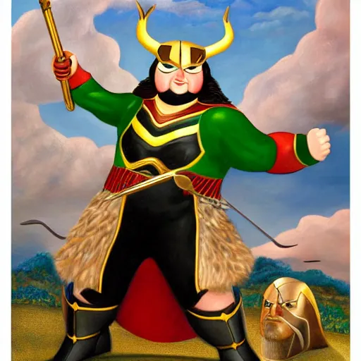 Image similar to Fernando Botero painting of MCU's Loki with his mighty staff, high definition art, extremely detailed