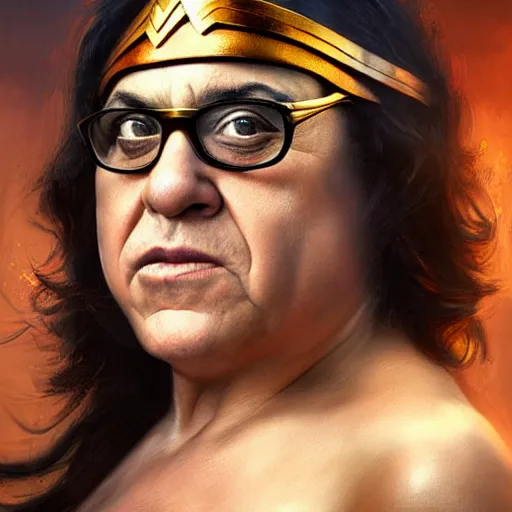 Image similar to danny devito with bald head and wonder woman costume on, digital painting, extremely detailed, 4 k, intricate, brush strokes, mark arian, artgerm, bastien lecouffe - deharme