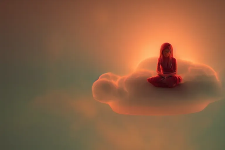 Image similar to a cute alien girl sitting on a cloud relaxing, misty, glows, digital art, hazy, foggy, red lighting, ambient lighting, 8 k,