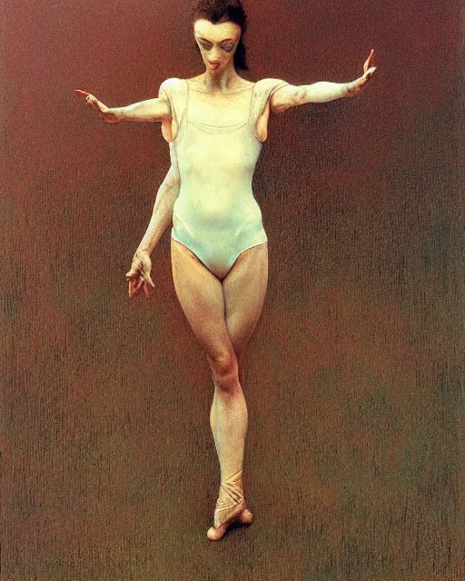 Image similar to the ballerina seen at the end of a human's life, painted by zdzislaw beksinski and artgerm and greg rutkowski and alphonse mucha