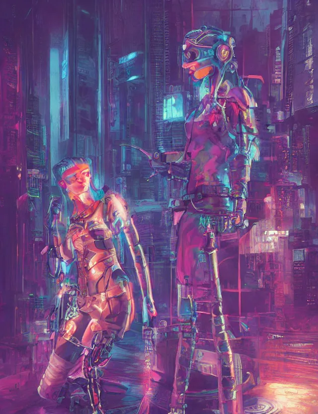 Prompt: cyberpunk huntress. this pastel painting by the award - winning children's book author has interesting color contrasts, plenty of details and impeccable lighting.