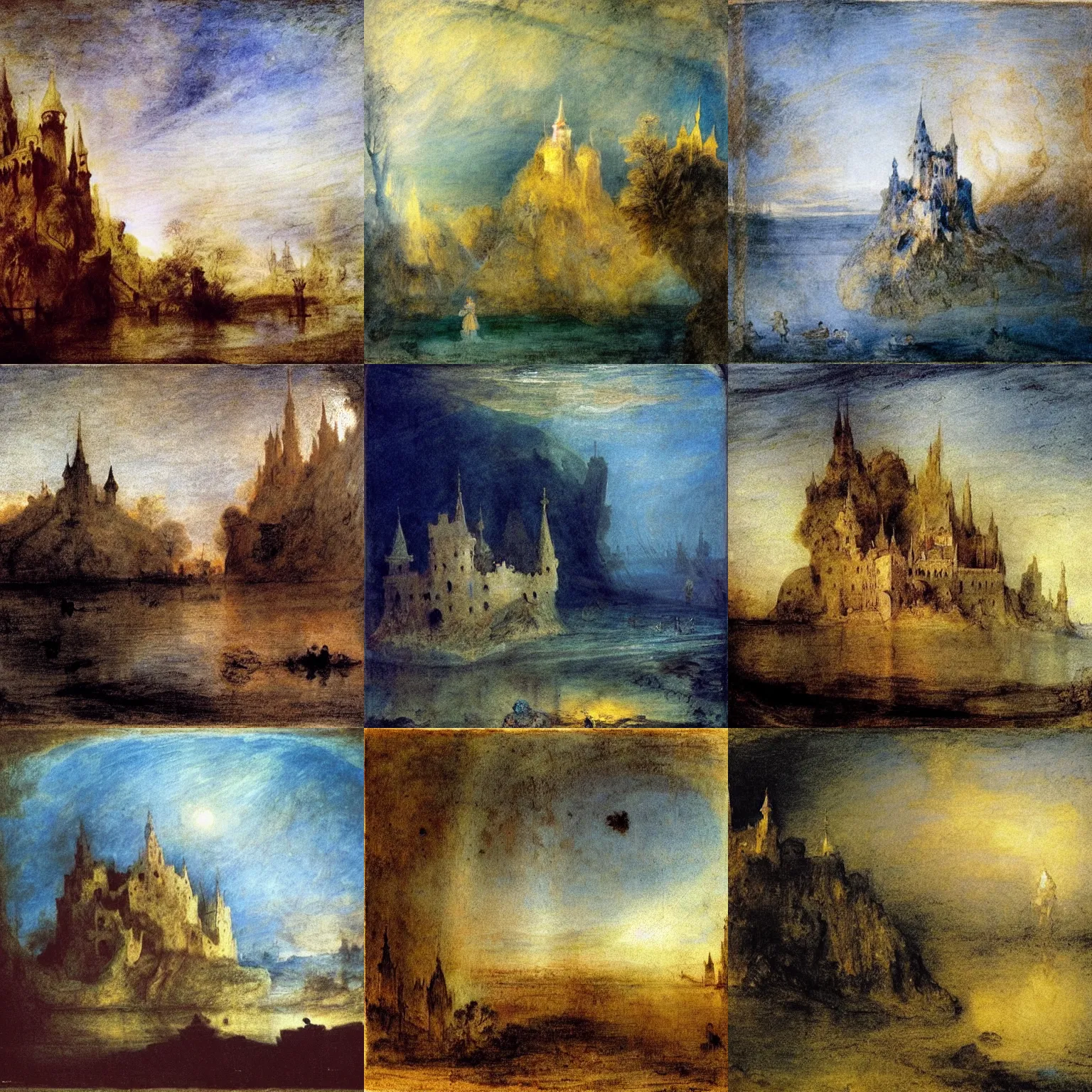 Prompt: a strange, beautiful fairy castle ( mud ) underwater, in the bottom of the danube. blue hour lighting, lumnious, magical, atmospheric, backlight photo sample, illustration by goya, jean antoine watteau and jmw turner