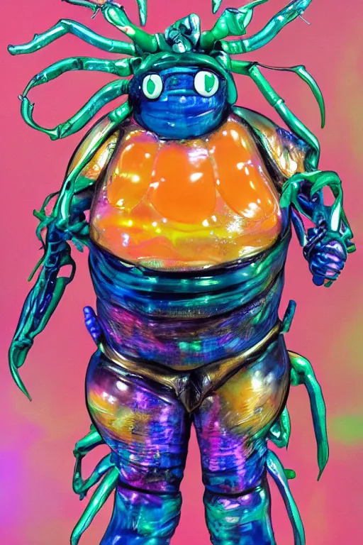 Prompt: a fat jelly super detailed anime character with fluo color detail, and muted arm colors, that looks like a insect, on top of a painting of plastic synthetic ionized metal flower sculptures