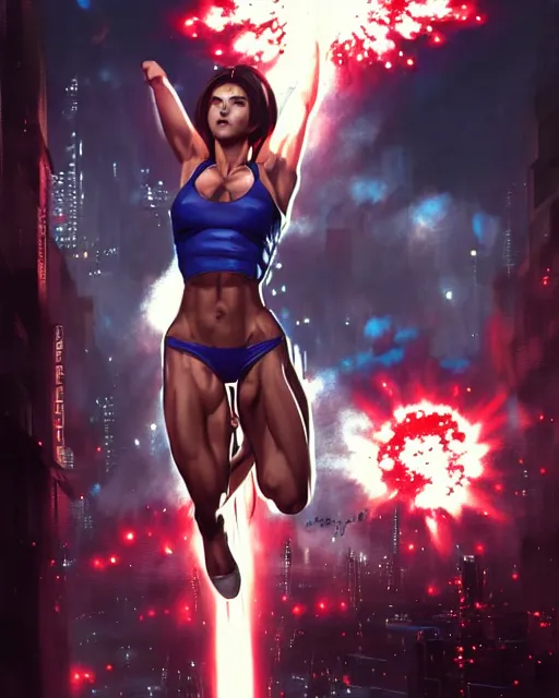 Prompt: gigachad jill valentine bodybuilder jumping in front of a atomic blast fighting wearing a suit in the fight club city, fantasy character portrait, ultra realistic, anime key visual, full body concept art, intricate details, highly detailed by greg rutkowski, ilya kuvshinov, gaston bussiere, craig mullins, simon bisley