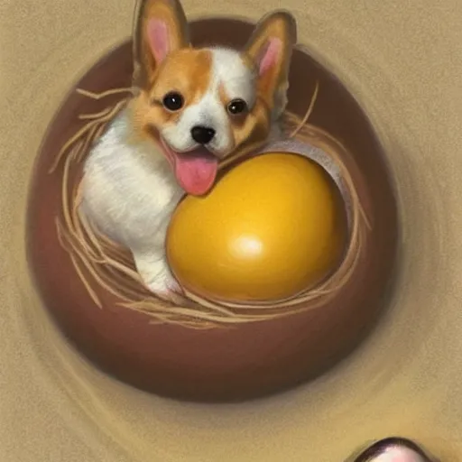Image similar to concept art of a baby corgi emerging from an egg in a nest, art by anne geddes
