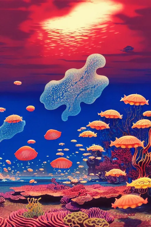 Image similar to jellyfishes, under the sea, scenery wallpaper aesthetic, beautiful, cinematic, dramatic, super detailed and intricate, hyper realistic, 4 k render, by darwyn cooke, by kentaro miura, by koson ohara, by hasui kawase, by satoshi kon