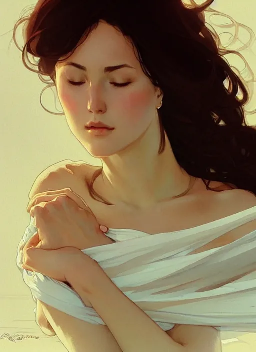 Image similar to beautiful woman in white, lying on a stage with eyes closed, digital painting, artstation, concept art, smooth, sharp focus, illustration, art by artgerm and greg rutkowski and alphonse mucha