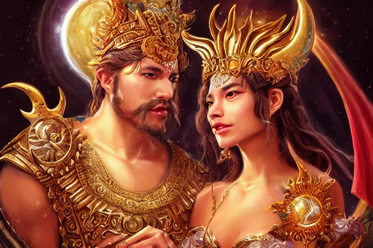 Image similar to close up moment of a divine a sun god and a moon goddess lovers magician at a wedding banquet, highly detailed, d & d, fantasy, highly detailed, digital painting, trending on artstation, concept art, sharp focus, asian feature, illustration, art by artgerm and daniel gerhartz and magali villeneuve