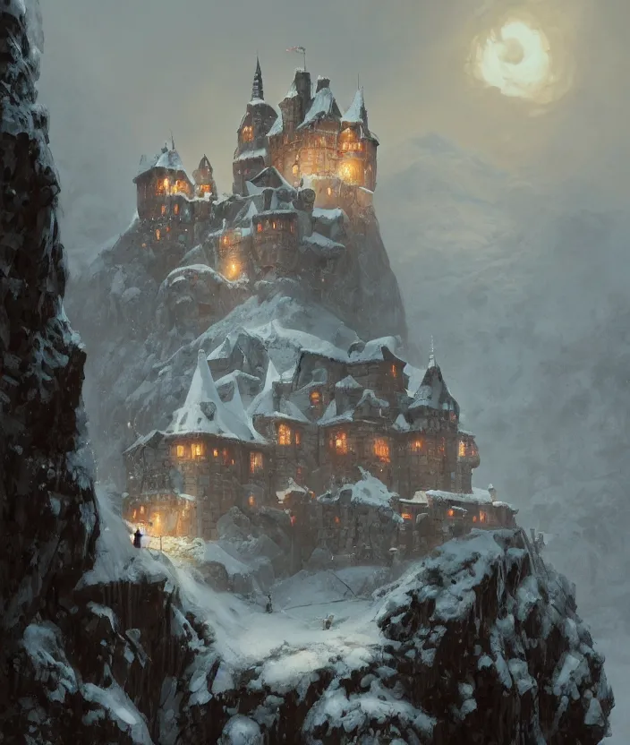 Image similar to a painting of a castle in the middle of a snowy mountain, a detailed matte painting by andreas rocha and greg rutkowski, featured on artstation, fantasy art, matte drawing, matte painting, artstation hq