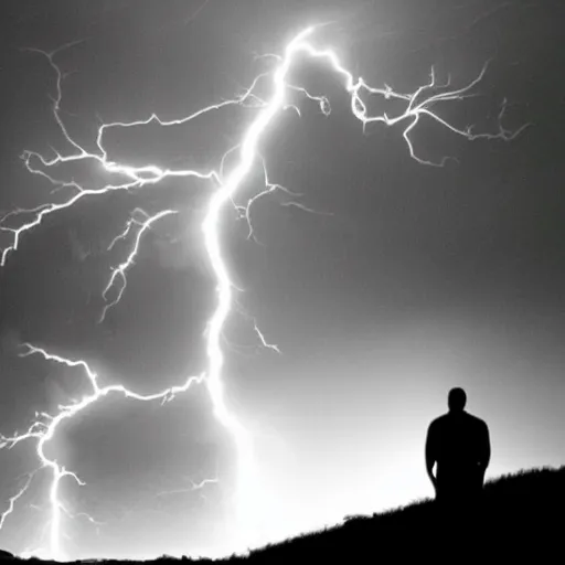 Prompt: in a dark room a man is struck by lightning