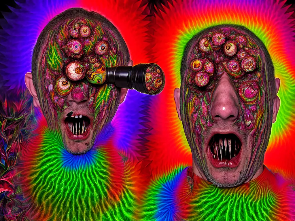 Prompt: a fractal kaleidoscope portrait of a beautiful colorful ( flesh - eating ) yamazaku covered in rainbow fur, eating the leg of a screaming man, ground covered in maggots, schizophrenic hallucination, fear, morbid, nightmare, supernatural, 8 k, hd photography, highly detailed, chiaroscuro, terrifying