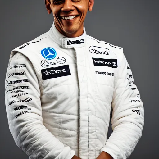 Prompt: a portrait of a mercedes f 1 driver in a white overall with the face of barack obama, outdoor, professional portrait photography, ambient light