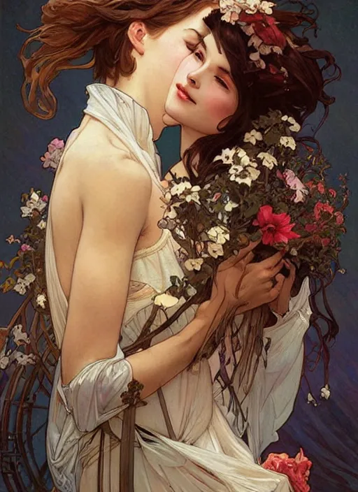 Prompt: romance. painting by artgerm and greg rutkowski and alphonse mucha.