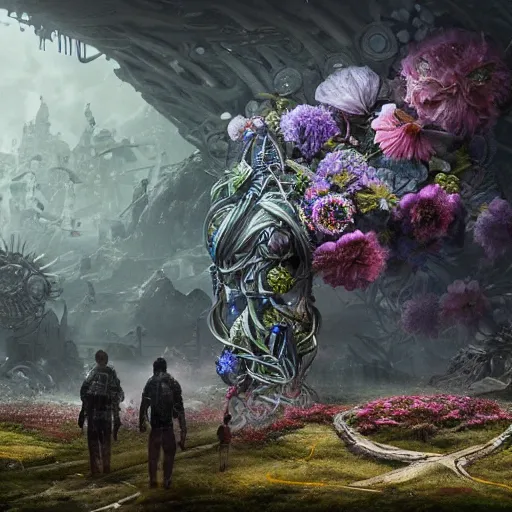 Prompt: intricate bio - mechanical flowers intertwined with human bio - mechanical organs, intricate environment, matte painting, cinematic, epic composition, highly detailed, atmospheric, wide angle, artstation trending